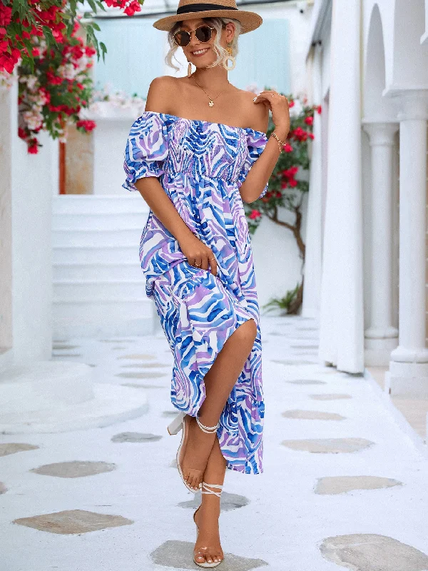 Women's Popular Elegant Off-shoulder Smocking Printed Dresses